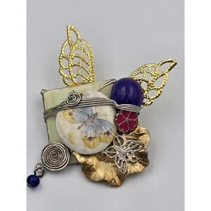 Artisan Mixed Media Butterfly Brooch Pin Gold Silver Tone Wire Wrapped